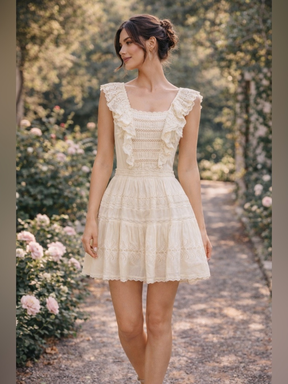 LoveShackFancy White Lace Ruffle Mini Dress SZ S Romantic Boho